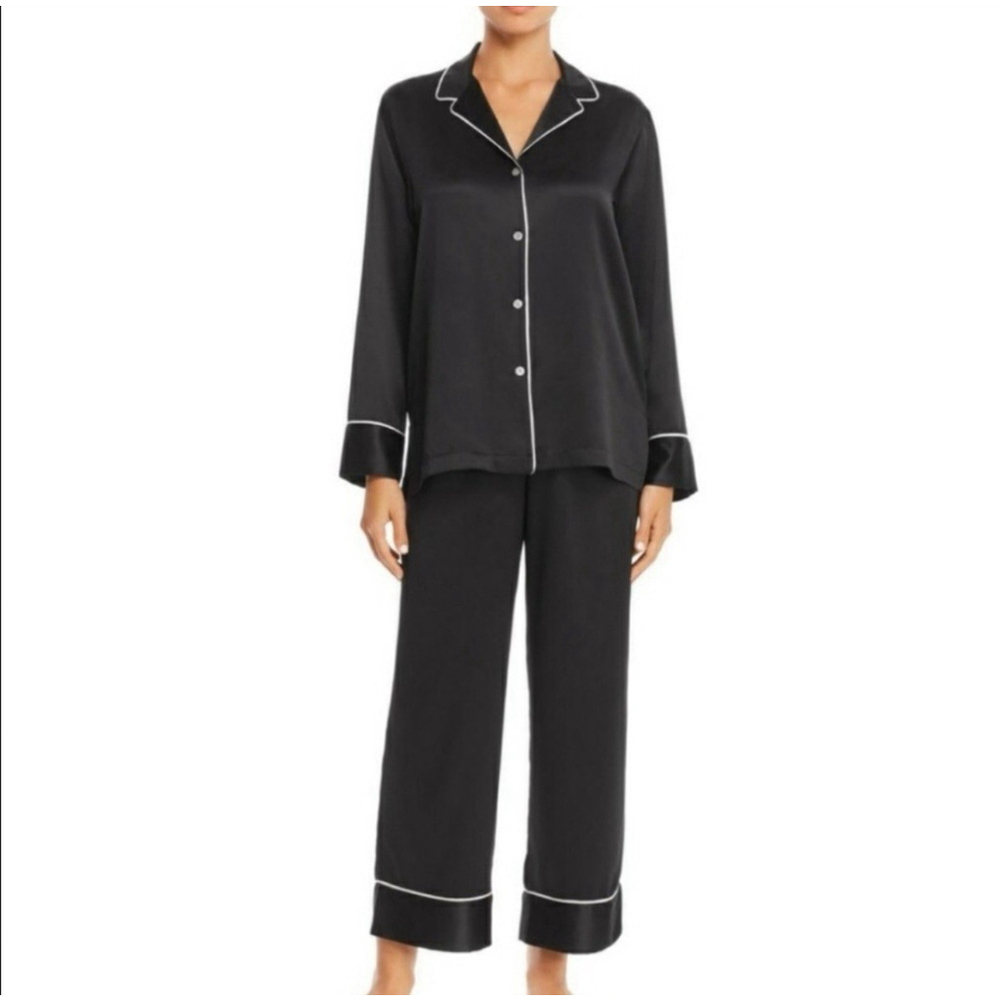 Natori Black Satin Pajama Set Button Down Long Sleeve/Pants White Piping Medium